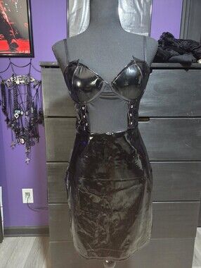 Patent Leather Bat Dress S Goth Emo Punk Black Bodycon Club Fetish Sexy Faux